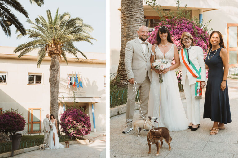 Gruppenbild-mit-der-Standesbeamtin-und-der-Übersetzerin-vor-dem-Rathaus,-Trauung-im-Standesamt---meer-sardinien-urlaub